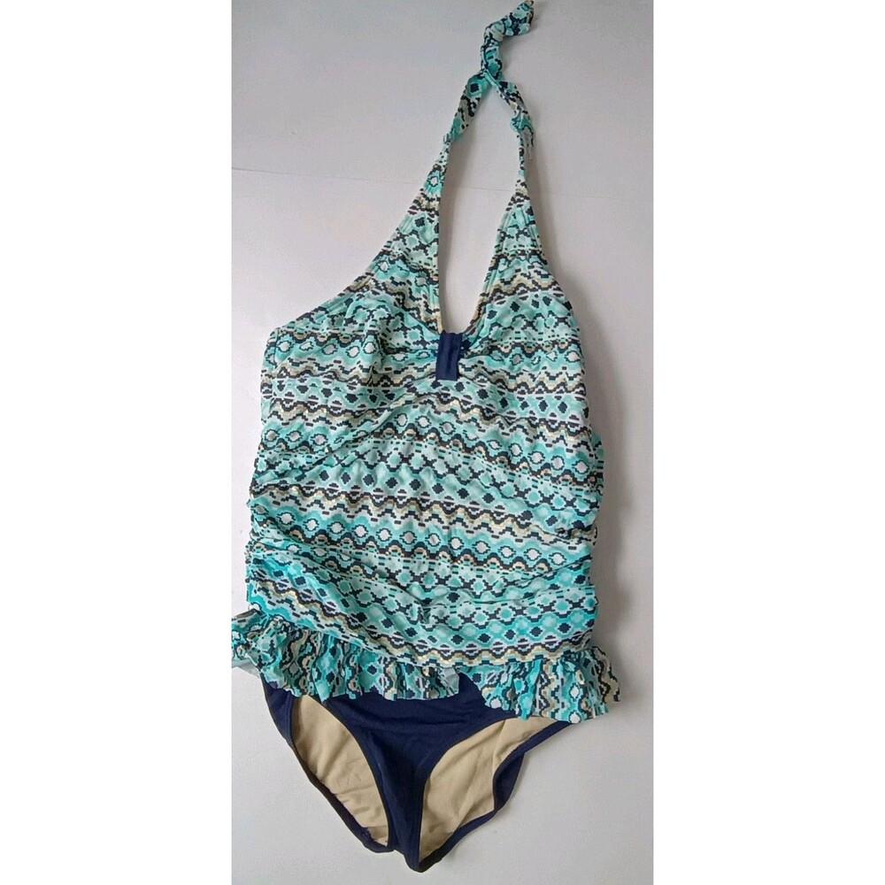 Lands' End Swimsuit Sz 16 Blue Gold Geometric Print One Piece Ruffle Side Ruched